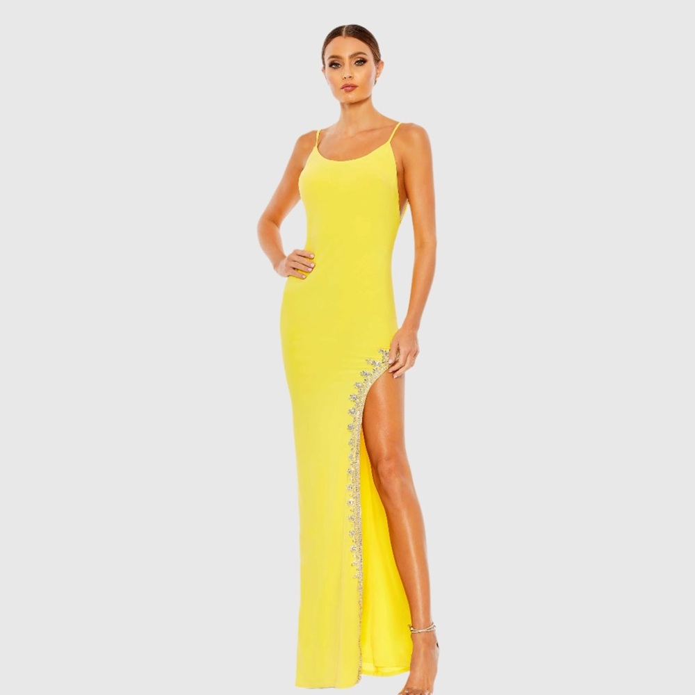 Mac Duggal Rhinestone Encrusted Side Slit Cami Body Con Gown in Yellow Sz 6 nwt